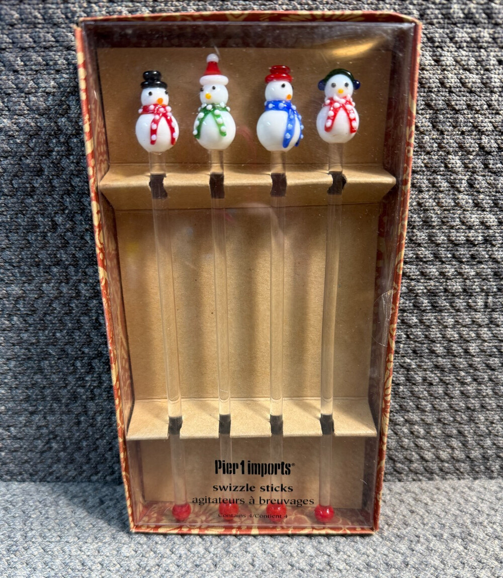 Pier 1 Imports Glass Swizzle Sticks Set Of 4 Snowman Winter Themed
